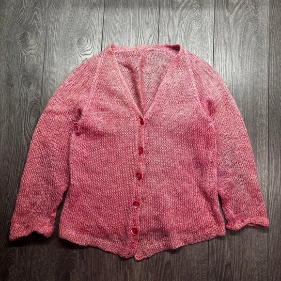Vintage Sweaters - Vintage Pink Mohair Blend Open Knit Cardigan Sweater V-Neck Raglan Pink Marl